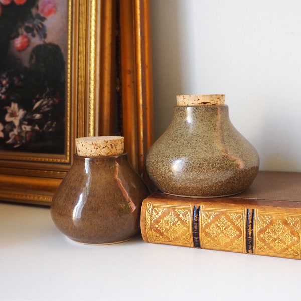 Set of two vintage ceramic jars | Glazed ceramic jars with cork lids | Brown stoneware jars | Vintage spice jars | Mismatched ceramic jars