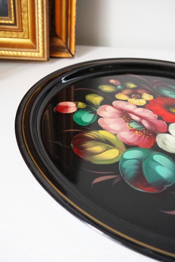 Vintage Floral Metal Tray | Handpainted Floral Tray | Vintage