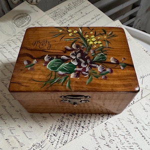 Antique French Olive Wood Box With Hand Painted Violets And Mimosa. French Antique Olive Wood Trinket Box From Metz. Souvenir Of Metz.