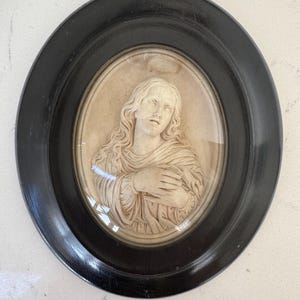 French Antique Meerschaum In Black Ebonised Oval Frame. French Reliquary. French Antique Religious Carving.