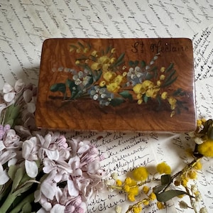 French Antique Olive Wood Trinket Box With Hand Painted Mimosa On The Lid. Antique Olive Wood Box A Souvenir From St Nectaire , France