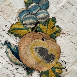 Rare French 18th Century Needlework Appliqué. Antique Silk Needlework Appliqué/Slip. Rare Family Heirloom. Rare French Needlework Of Fruit.
