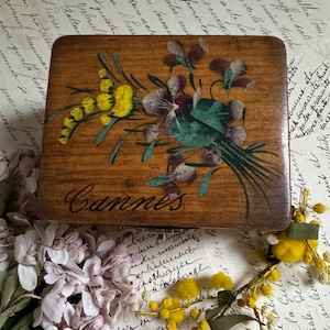 French Antique Olive Wood Trinket Box Hand Painted With Violets And Mimosa. Antique Olive Wood Box From The French Riviera. Lined in Silk.