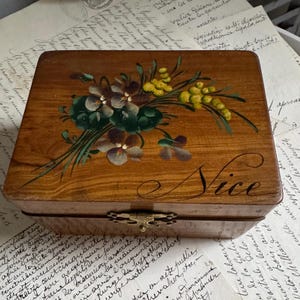 French Antique Olive Wood Box With Hand Painted Violets And Mimosa Flowers. French Antique Olive Wood Trinket Box From Nice, South Of France