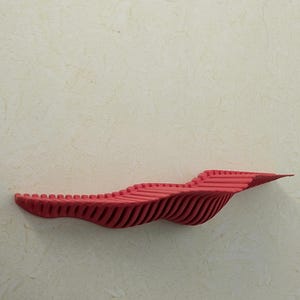 Op de afbeelding: Een rood, langwerpig, driedimensionaal object met een reeks parallelle, verticale lamellen die een golvende vorm creëren. De structuur heeft een getextureerd, geribbeld uiterlijk met een consistente matte afwerking over de gehele lengte.