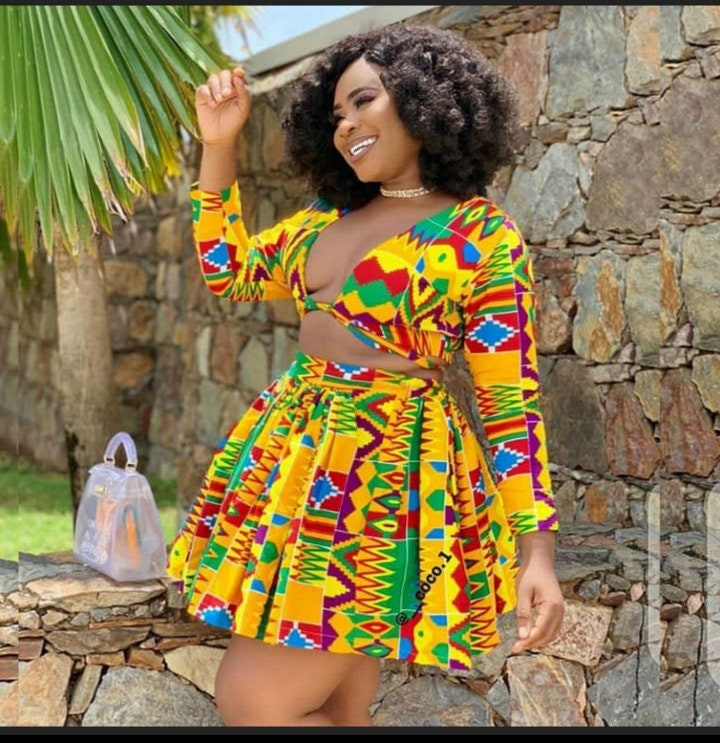 African print party dress , kente dress , midi skirt and top , African  print dress, African Women clothing, Ankara kente , kente party dress