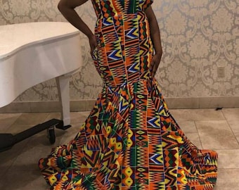 Kente party gown , African fashion dress for women,  African women wear , engagement wedding gown , kente long gown , women fashion dresses