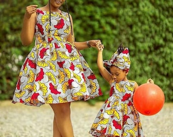 Ankara Mother and daughter dress with matching head wrap, twinnie african women clothing , african print, african wear, ankara print