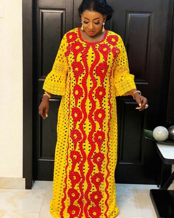 African embroidered lace kaftan party dress yellow lace | Etsy