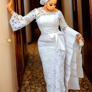 White lace dresses, long fitted party lace, African women party dresses, engagement lace outfit , lace wedding dresses, white wedding dress