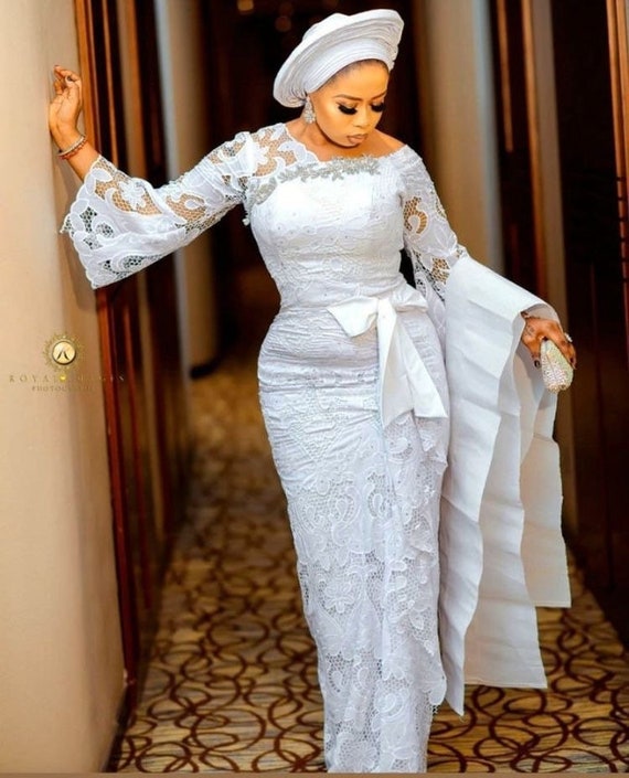 Elegant African Women White Lace Dress Puff Sleeve Embroidery