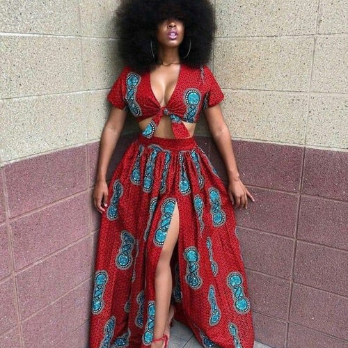 African print slit skirt and crop top, Ankara maxi dress Women's