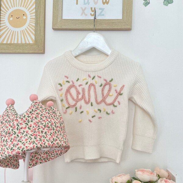 One Jumper - First Birthday Outfit - Baby Girls - White Knit Jumper -Birthday Girl - Embroidered Detail - Confetti -Gift
