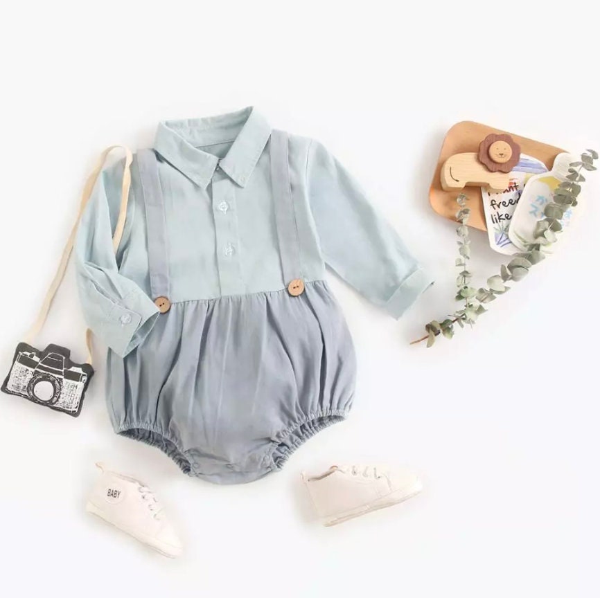 Baby Boy Overall Braces Shirt Romper Blue Grey Long Sleeve