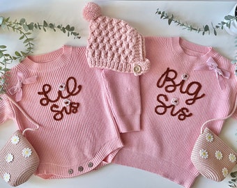 Sister Matching Outfit - Lil Sis Big Sis - Pink Knit Romper Jumper - Little Sister Big Sister - Embroidered Detail - Gift