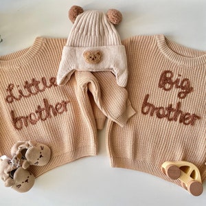 Brother Matching Outfit - Little Brother Big Brother - Beige Brown Knit Jumper - Lil Bro Big Bro - Embroidered Detail - Gift