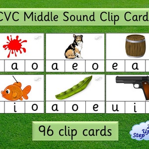 CVC Clip Cards|Middle Sound Clip Cards|Short Vowels|CVC Words|CVC Activity