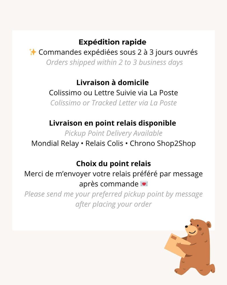 May include: A white background with text in French and English, detailing shipping and delivery options. A cartoon bear holding a package is in the bottom right corner. The text includes information about shipping times and pickup point delivery.