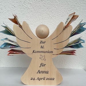 Guardian angel made of pine wood - engraved gift for communion, baptism, wedding, birth with space for cash gifts. Wooden decoration, engraving of your choice.