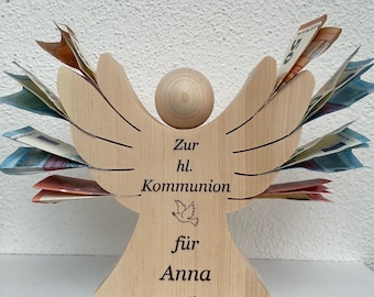 Ángel de la guarda fabricado en madera de pino - regalo grabado para comunión, bautizo, boda, nacimiento con espacio para obsequios monetarios. Decoración en madera, grabado deseado.