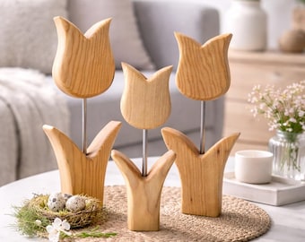 Wooden decoration spring tulips flowers made of ash