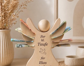 Personalisiertes Geldgeschenk Taufe Engel aus Zirbenholz – Schutzengel mit Name & Datum – Taufgeschenk Holz – Geschenk Patenkind
