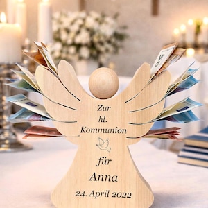 Schutzengel aus Zirbenholz – Graviertes Geschenk zur Kommunion, Taufe, Hochzeit, Geburt mit Platz für Geldgeschenke. Holzdeko, Wunschgravur.