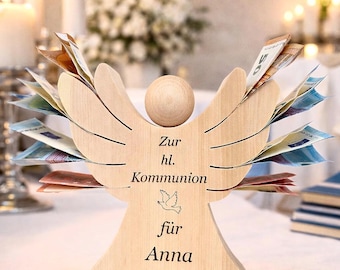 Guardian angel made of pine wood – engraved gift for communion, baptism, wedding, or new baby with space for cash gifts. Wooden decoration, custom engraving.