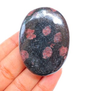May include: A smooth, oval-shaped, black and red speckled stone. The stone has a polished finish and is held in a hand.
