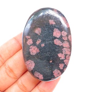Może przedstawiać: Gładki, owalny kamień z ciemnoszarym podłożem i rozproszonymi różowymi i białymi plamkami.