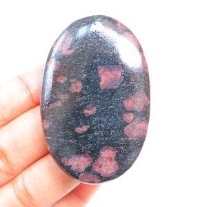 May include: A smooth, oval-shaped, polished stone with a dark grey base and scattered pink and red flecks.