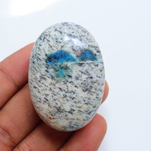 K2 Jasper Palmstone, Natural K2 Crystal Palmstone, chakra palm stone, Ethically Sourced, Raindrop Azurite, Azurite in Quartz, Pocket Stone