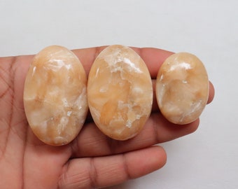 3 Pieces Shiny Peach Stilbite Palmstone, Natural Peach Stilbite Crystal Stone, Smooth Stilbite Palm, Crown Chakra, Zeolite Palm Stone