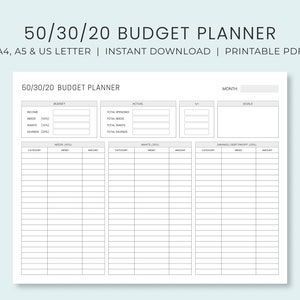 May include: A printable 50/30/20 budget planner worksheet in black and white. The worksheet includes sections for income, needs, wants, savings, total spending, total needs, total wants, total savings, and goals. The worksheet is designed for use with a monthly budget.