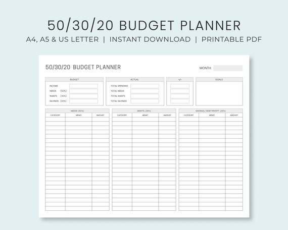 Monthly Budget Planner 50/30/20 Rule Income & Expense Money