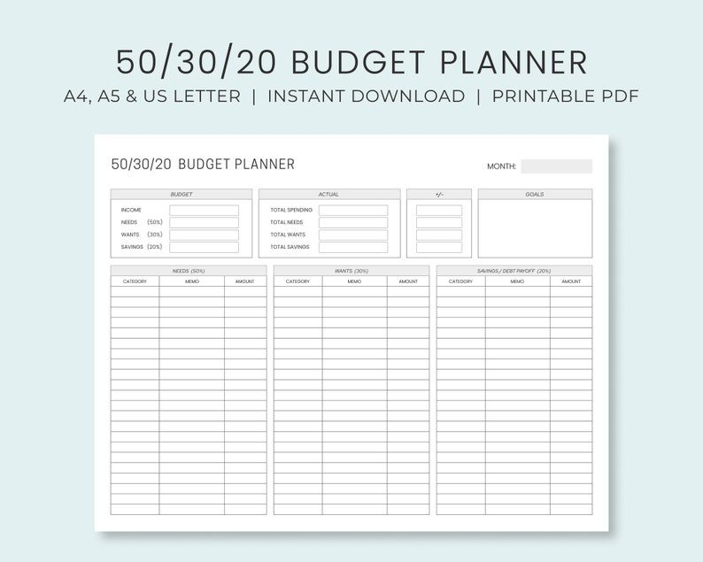Monthly Budget Planner 50/30/20 Rule | Income & Expense Money ...