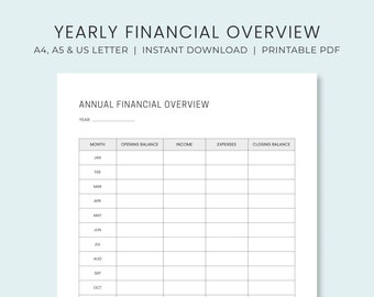 Yearly Financial Overview Printable | Annual Finance Organizer | Income and Expense Tracker | Instant Download