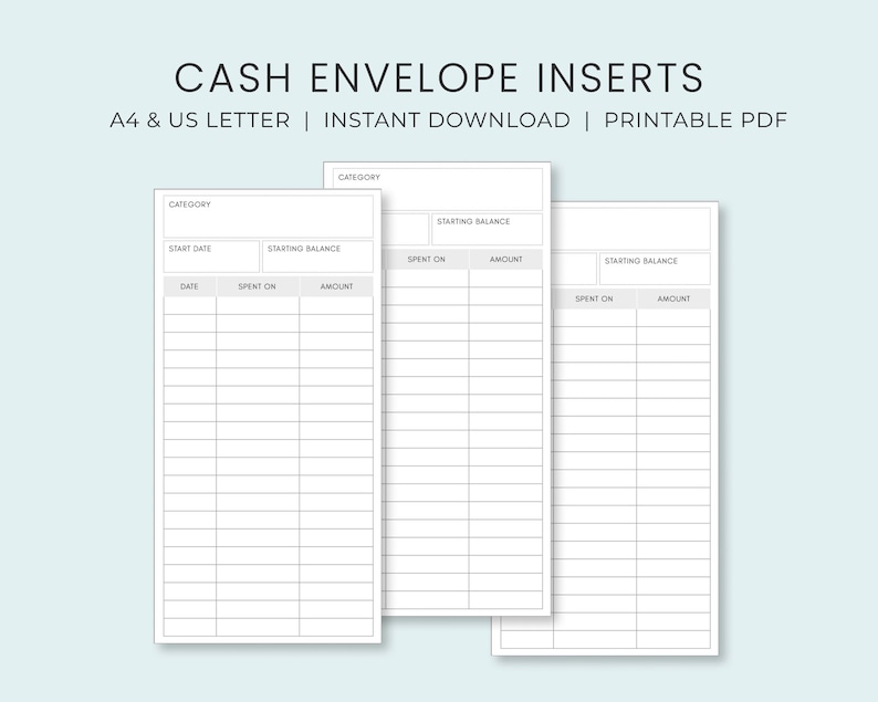 Cash Envelope Insert Printable for Budgeting Cash Envelope System Tracker Spending Progress Log