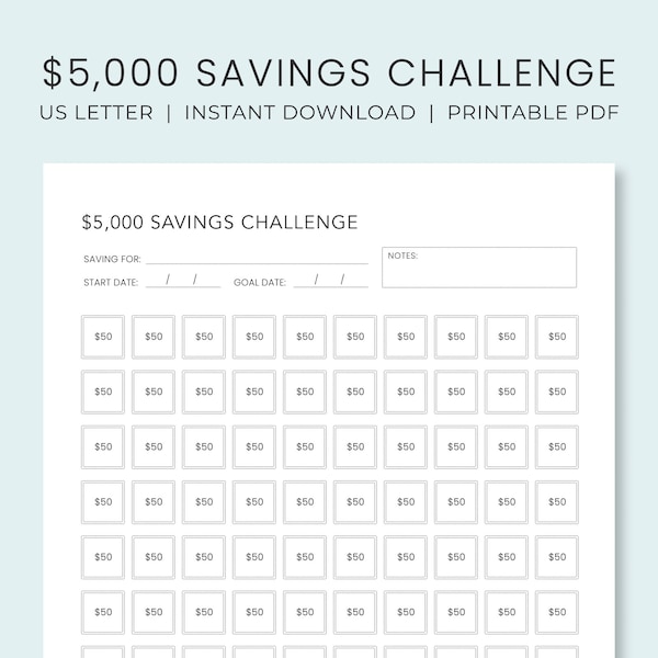 5,000 Savings Challenge Tracker Printable |  Savings Goal Planner | Money Savings Challenge Log  |  Instant Download