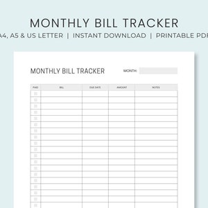 Monthly Bill Payment Tracker Printable | Bill Pay Checklist Organizer | Bill Log Planner | Instant Download