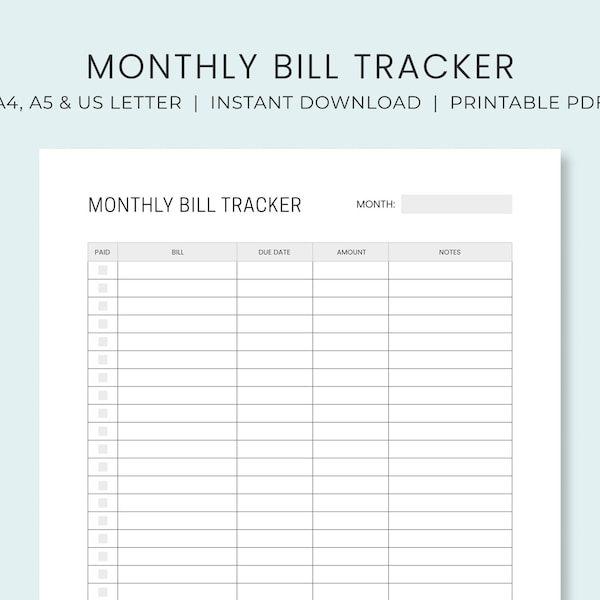 Monthly Bill Payment Tracker Printable | Bill Pay Checklist Organizer | Bill Log Planner | Instant Download