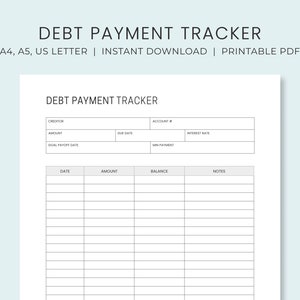May include: A printable debt payment tracker with sections for creditor, amount, due date, account number, interest rate, minimum payment, goal payoff date, date, amount, balance, and notes.