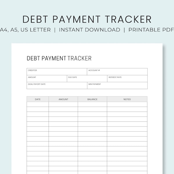 Debt Payment Tracker Printable | Debt Payoff Planner | Debt Snowball Plan Printable | Debt Free Progress Log | US Letter | Instant Download