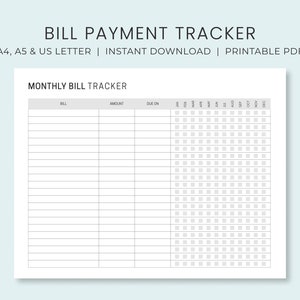 Monthly Bill Tracker Printable | Bill Payment Tracker | Bill Pay Checklist Organizer | Budget Planner | A4 A5 US Letter | Instant Download