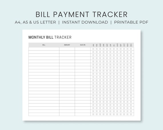 Monthly Bill Tracker Printable Bill Payment Tracker Bill - Etsy