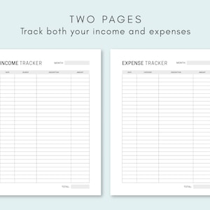 May include: Two printable pages for tracking income and expenses. The left page is labeled "Income Tracker" with columns for date, source, description, and amount. The right page is labeled "Expense Tracker" with columns for date, category, description, and amount. Both pages have a line for a total at the bottom.