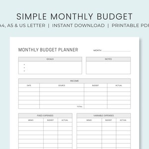 Monthly Budget Planner Printable | Simple Budget Worksheet| Personal Budget Template | Instant Download
