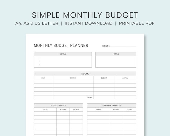 monthly budget planner printable simple budget worksheet etsy