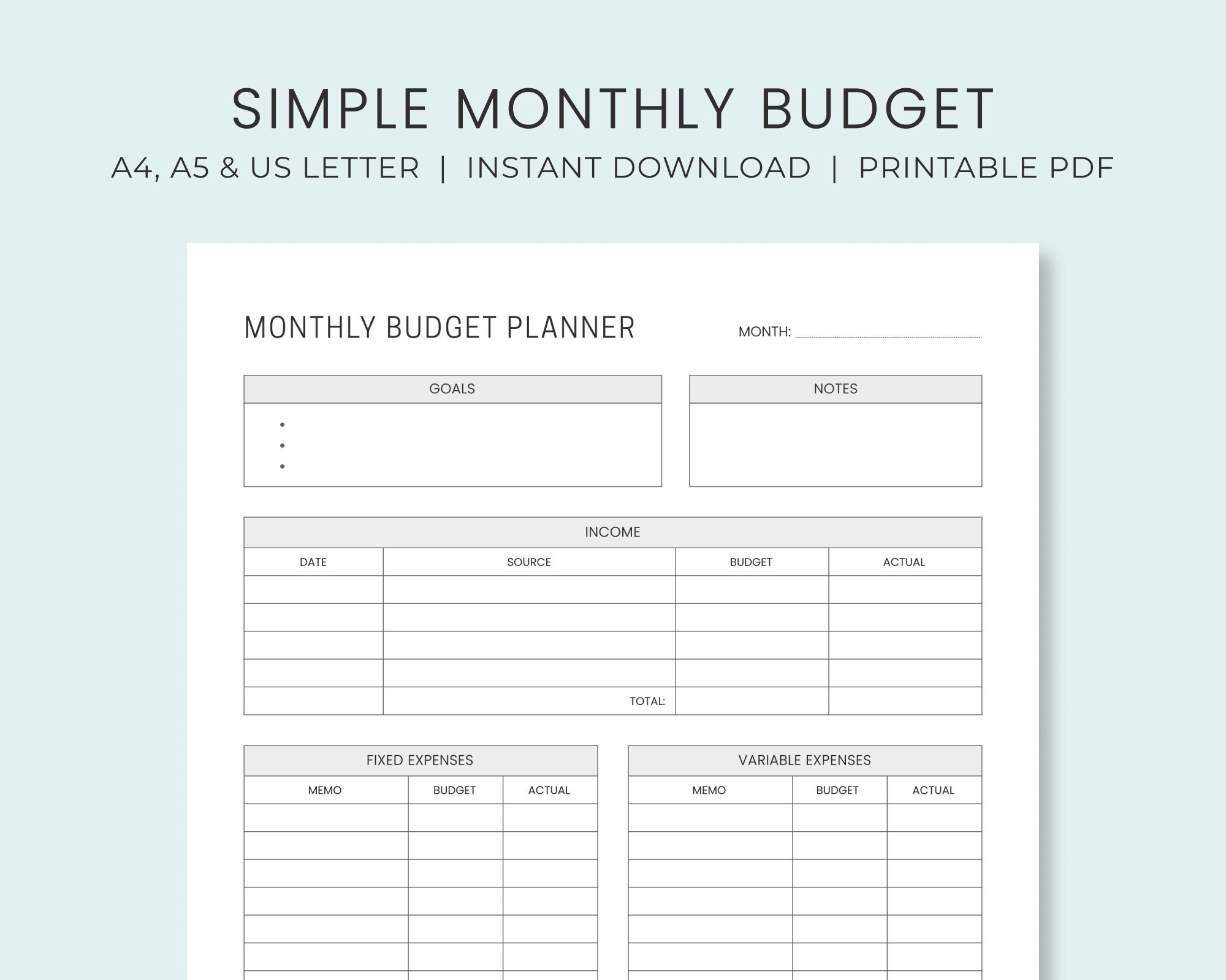 simple monthly budget template