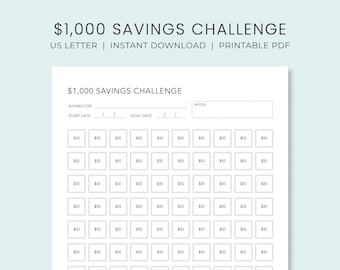 1,000 Savings Challenge Tracker Printable | Savings Goal Planner | Money Savings Challenge Log | Instant Download